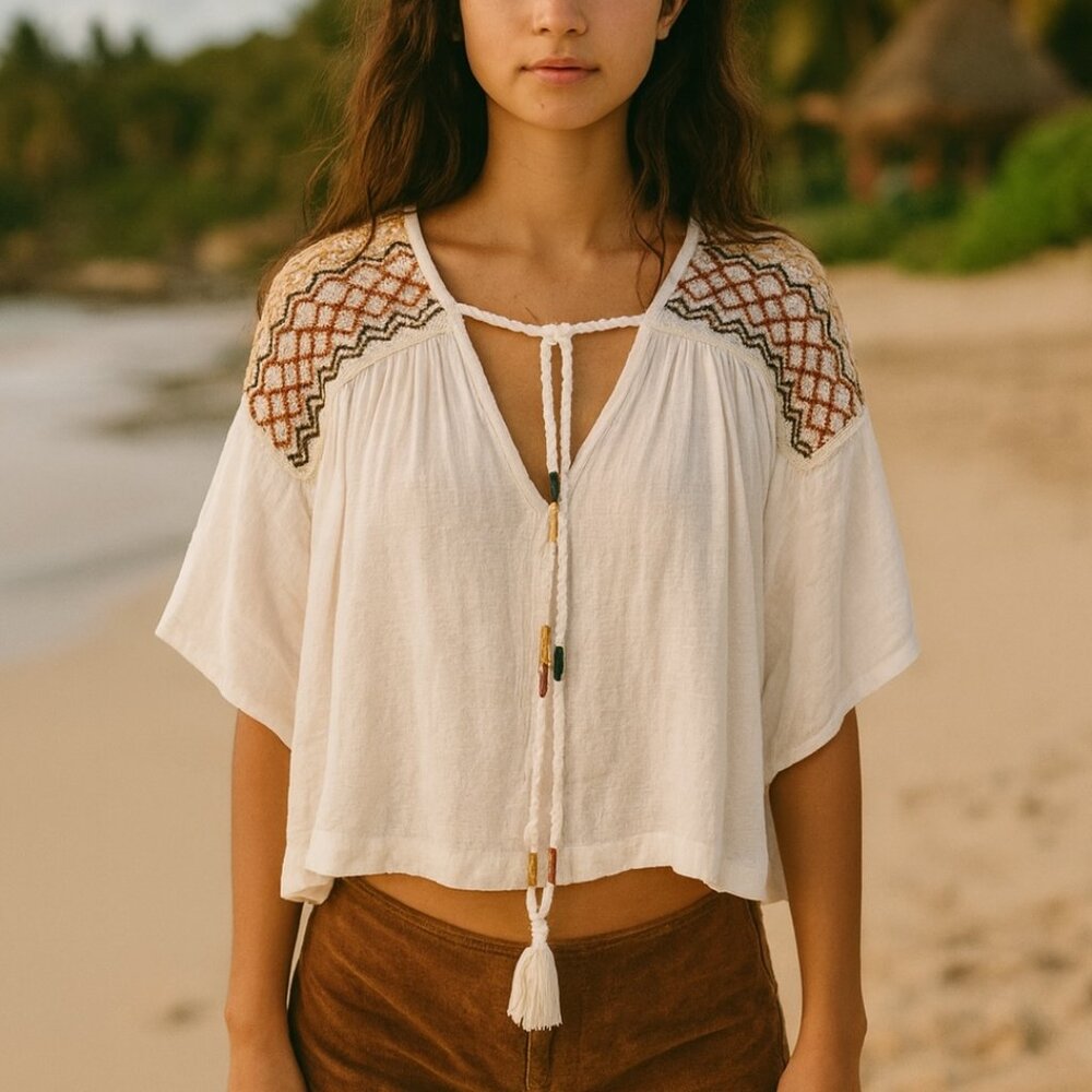 Free People Cream Embroidered Tie-Front Boho Top